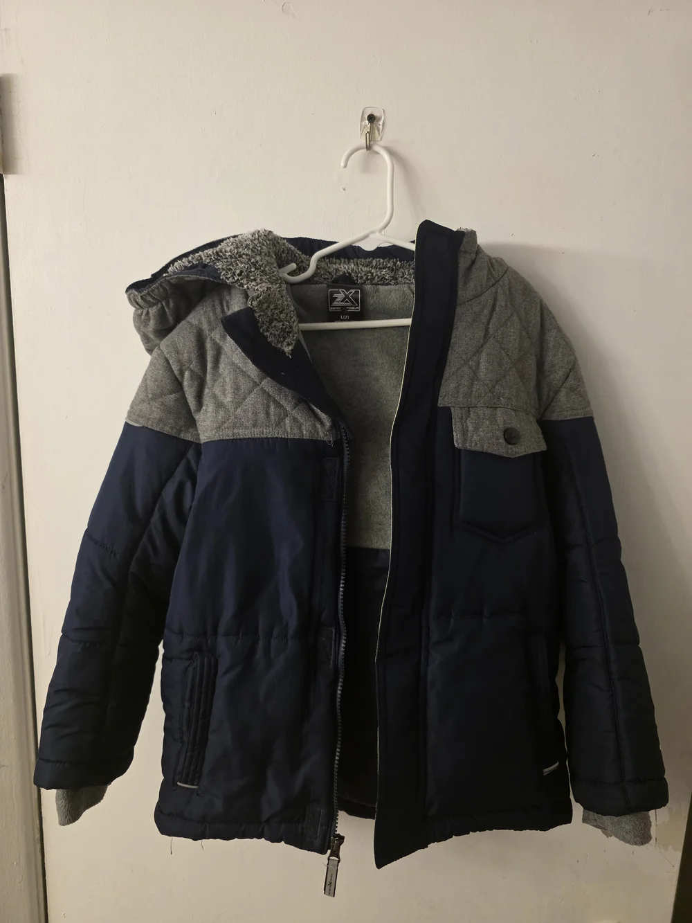 Kids Two-Tone Navy and Gray Hooded Puffer Jacket